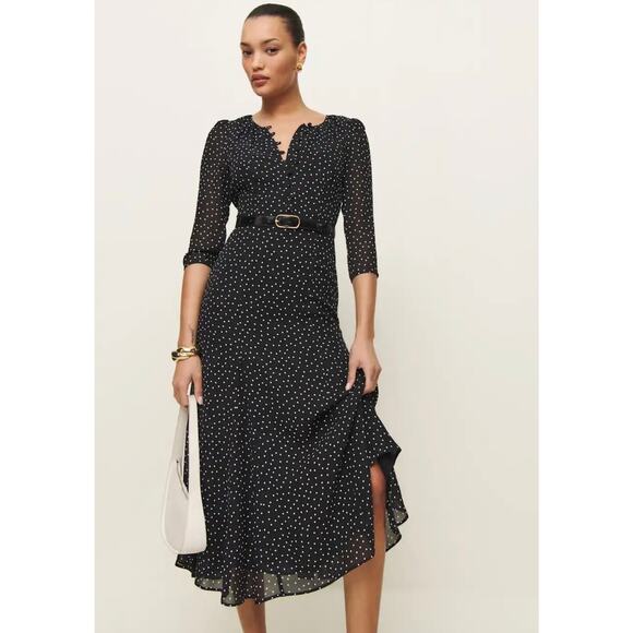 Reformation Mels Chiffon Polka Dot 3/4 Sleeve A-Line Midi Dress Black White 2 - Picture 2 of 16
